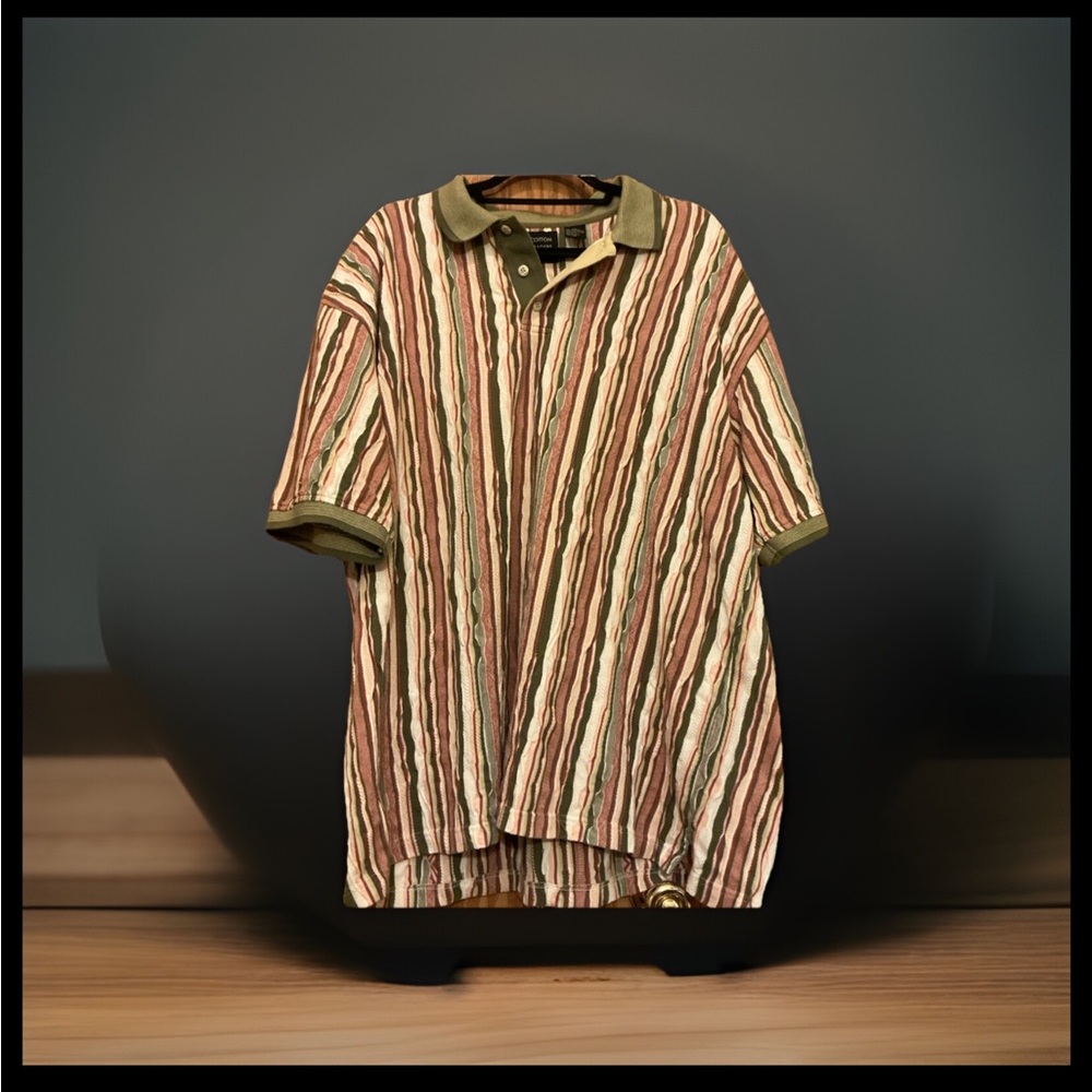Vtg Cotton Traders Tan Multi Color 3D Texture Stripe Coogi Style Shirt sz XXL